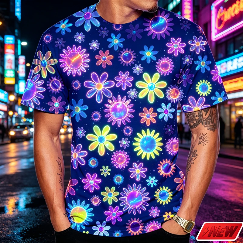 Colorful Daisy Graphic T Shirt Men Summer 3d Print Floral Full Pattern Short Sleeve Top Casual  Streetwear Crew Neck Tee Unisex