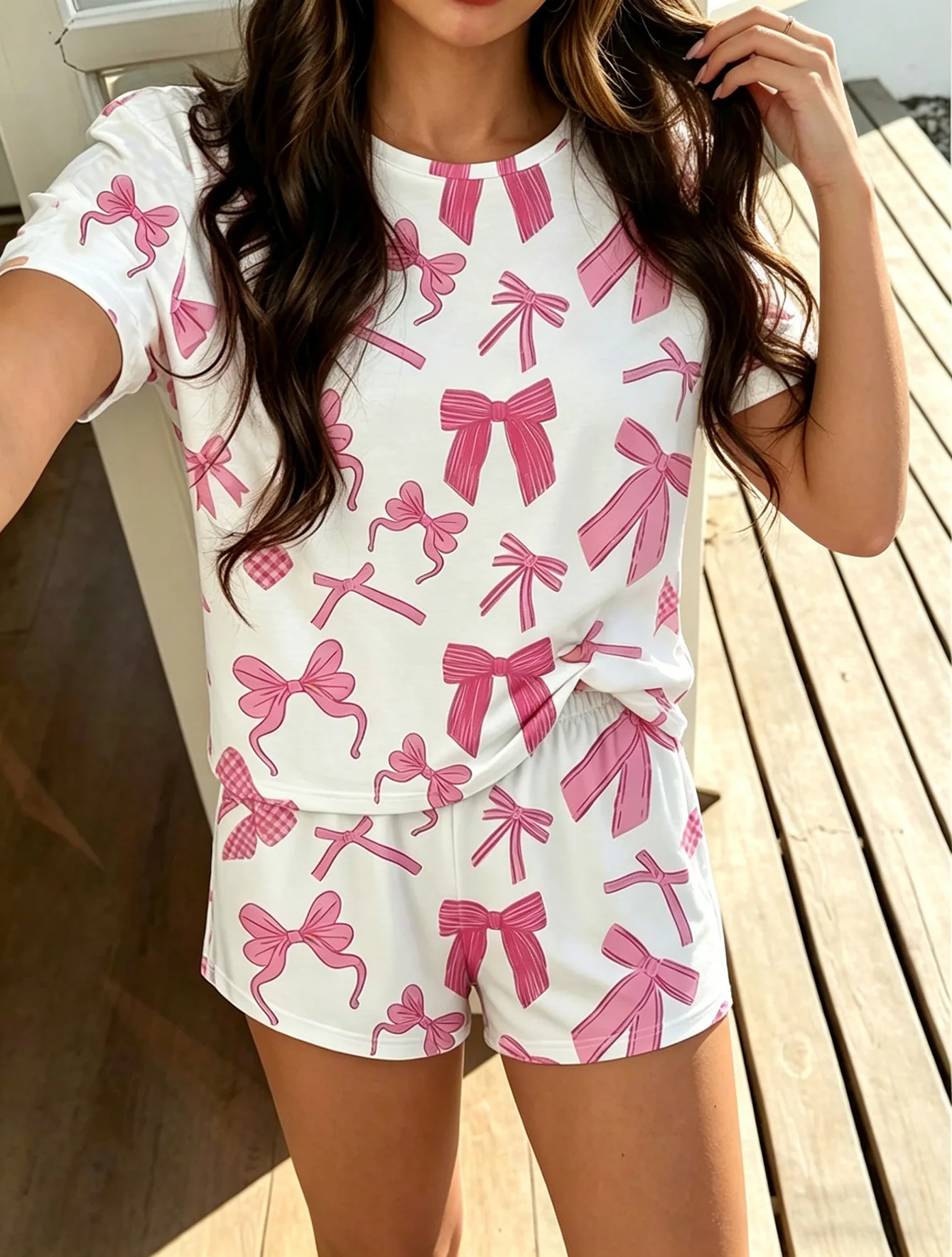 

Women's Summer Bow Digital Print Pajama Set