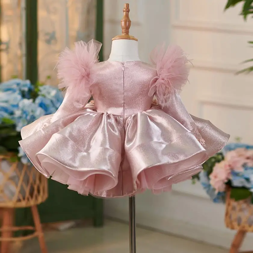 Children's Princess Evening Gown Long Sleeve Appliques Design Kids Catwalk Wedding Birthday Baptism Eid Party Girls Dress A3444