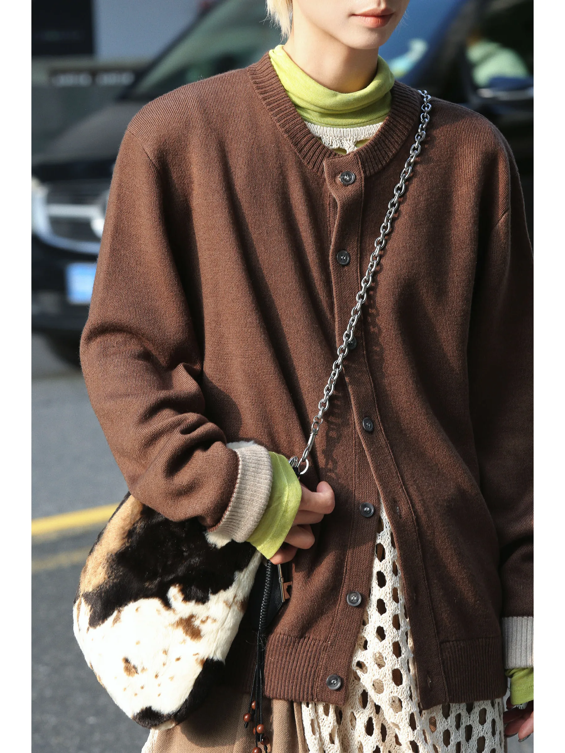 

Holm Double Color Knitted Open Cardigan Sweater Coat round Ne Single Button Wearable on Both Sides Warm Faionable Wome...