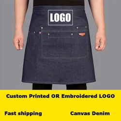 Custom Brand Logo Western Restaurant Storage Horticulture Hairdresser Adjustable Barista Waiter Short Half Canvas Denim Apron