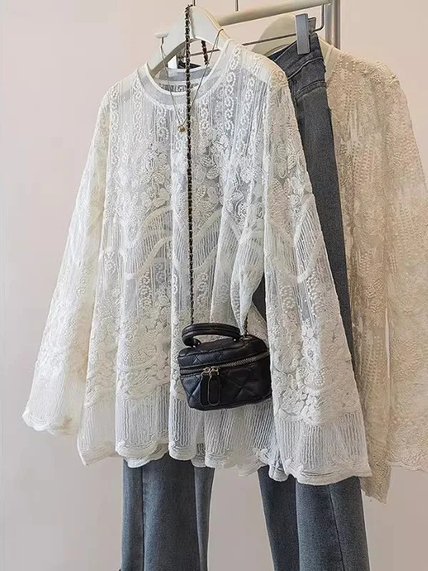 

Женский топ из шифона с вышивкой и кружевом, больших размеров, средней длины, весна 2026, французский стиль, дышащий, с длинными рукавами, круглый вырез