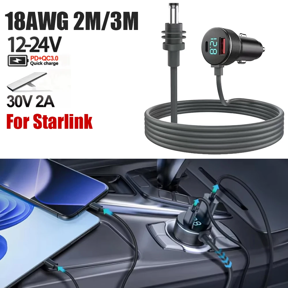 carregador-para-starlink-mini-usb-tipo-c-para-carros-12v-24v-com-cabo-de-2m-3m-voltimetro-digital-e-cabo-de-extensao-a-prova-d'Agua