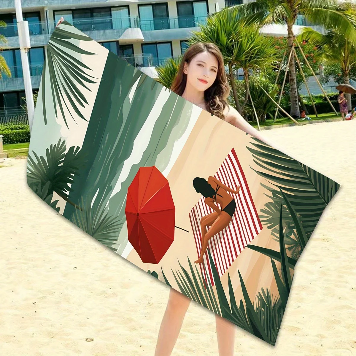 قطعة واحدة من من منشفة الشاطئ المخططة الأنيقة مع مظلة من الشمس - حصيرة بوليستر ناعمة وسريعة الجفاف ومريحة لقضاء عطلة الصيف، مستطيلة حديثة