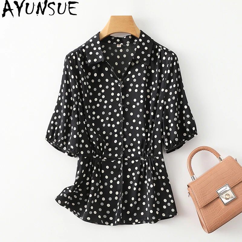 

AYUNSUE 91% Natural Mulberry Silk Womens Shirts Fashion Polka Dot Shirt Women New Clothes Summer 2024 Women Рубашка Женская