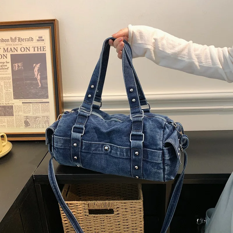 Korean Version Large Capacity Boston Crossbody Bag New Rivet Commuting Mommy Shoulder Bag Fashion Denim Pillow Bag Women