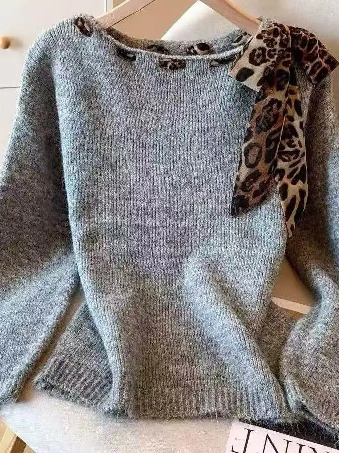 Laid-back Chic Peach Color Leopard Print Ribbon Knitted Loose Shoulder Bared Autumn Winter New Style Casual Sweater Trendy