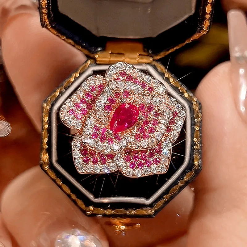 

Rings For Women Rose Gold Plated Fashion Jewelry Party Accessories Pink CZ Stereoscopic Flower Open Adjustable Index Finger Ring