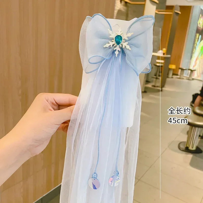 Frozen Princess Elsa Hairpin Children Cute Mesh ribbon Hairpin Girl Bow Tie Hairpin Piaosha Tassel Kawaii Kid Girl Birthday Gift