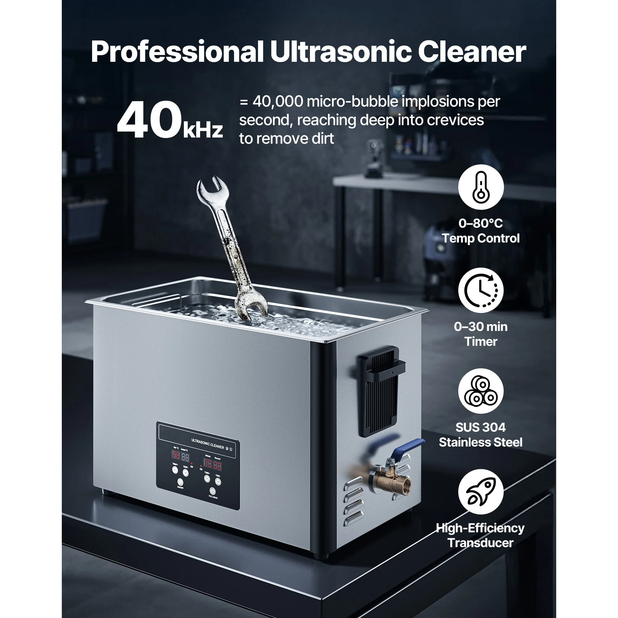 30L Ultrasonic Cleaner, 480W Stainless Steel 40kHz Industrial Cleaning Machine for Parts, Professional Ultrasonic Cleaner Machine with Cleaning Basket & Digital Display, Carburetors, Instruments