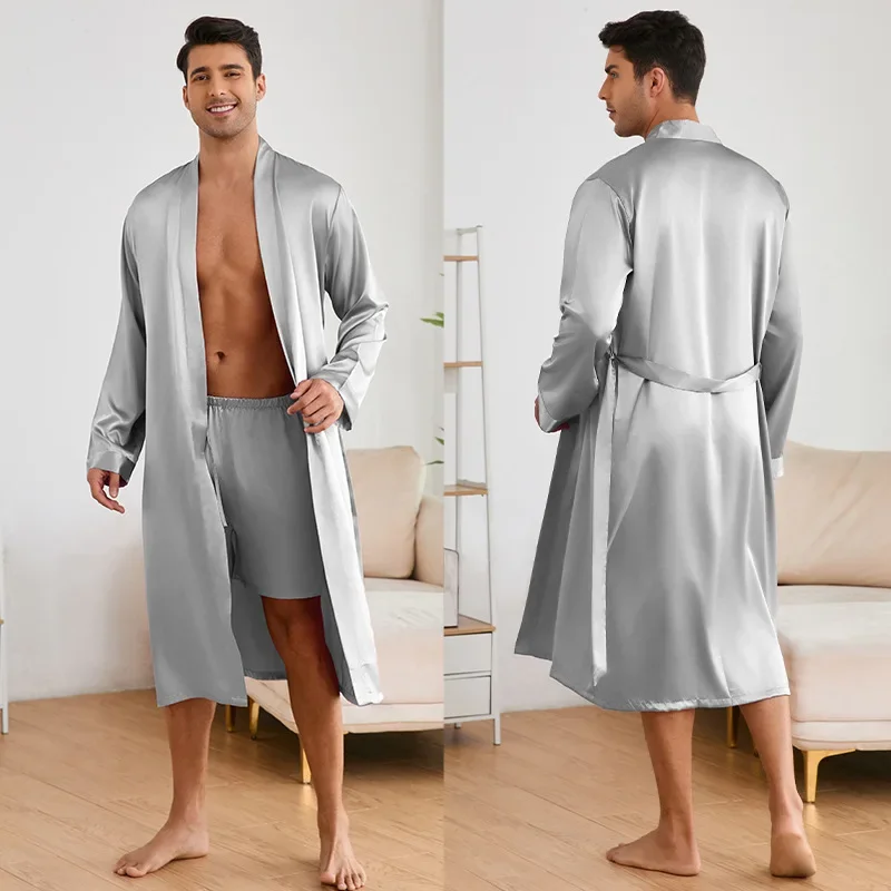 2024 New Robe Suit Solid Color Home Clothes Bathrobe Nightwear Loose Kimono Intimate Lingerie Men Ice Silk Robe&shorts Set