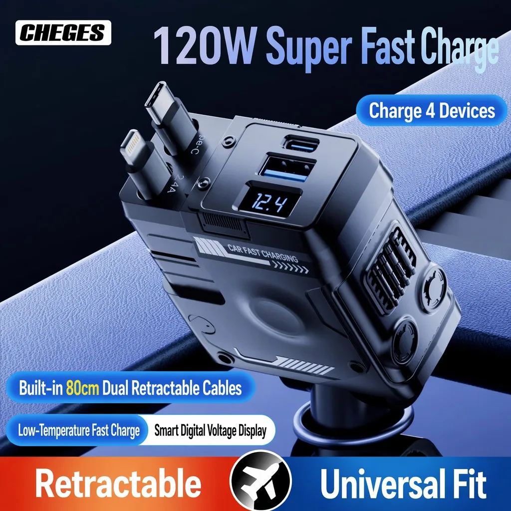 Telescopic Cable Car Charger 120W Super Fast Flash Charging 4 in 1 Cigarette Lighter Adapter PD USB Port Vehicle Auto Accessory