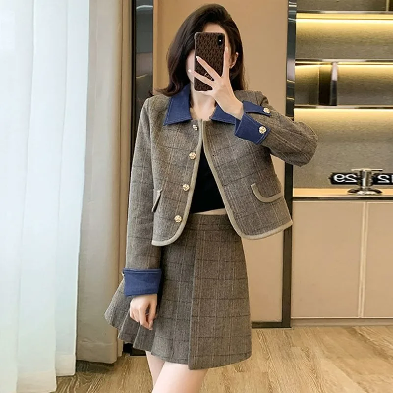 Autumn New Small Fragrant Style Design Short Coat Thin Two-piece Set College Style Age-reducing Girl High-end Suit Skirt