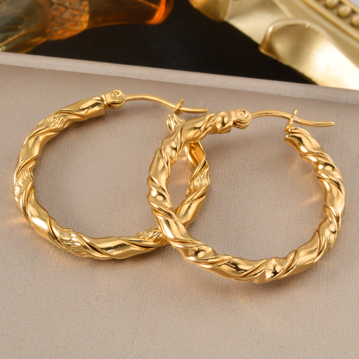 

Gold Plated Stainless Steel Twisted Hoop Earrings Retro Design Vintage Luxury Women Jewelry Valentine Birthday Anniversary Gift