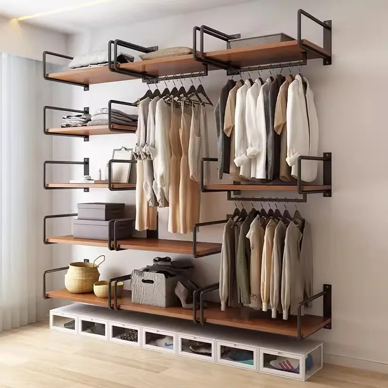 ‌Modern Metal Wall-Hanging Clothes Rack - Adjustable Garment Storage System for Small Spaces & Home Organization