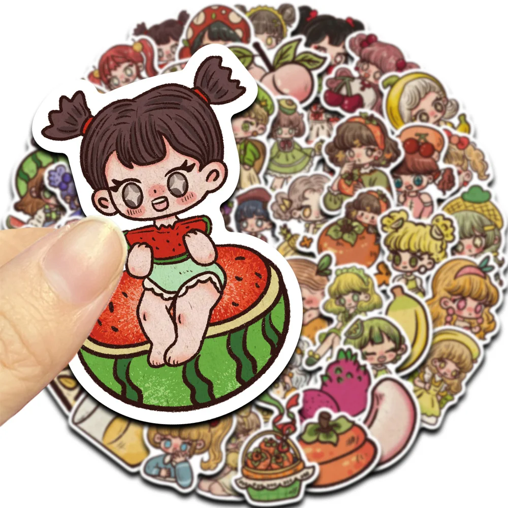 50 Uds. De pegatinas coloridas de dibujos animados de frutas y elfos, uva, fresa, melocotón, cereza, arte de ensueño, impermeable, PVC, equipaje decorativo, guitarra