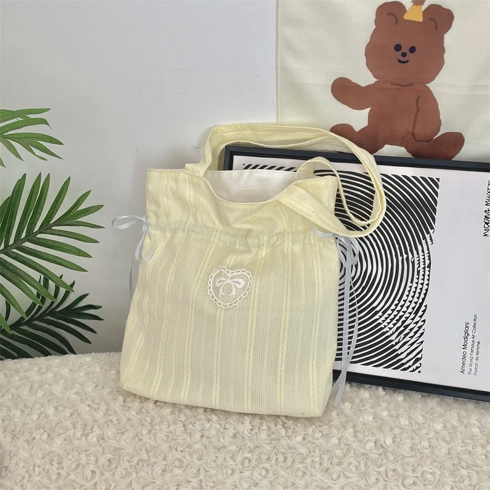 

Large Capacity Bow Drawstring Bag Solid Color Love Heart Canvas Bucket Bag Cosmetic Bag Storage Bag Cloth Handbag Girls