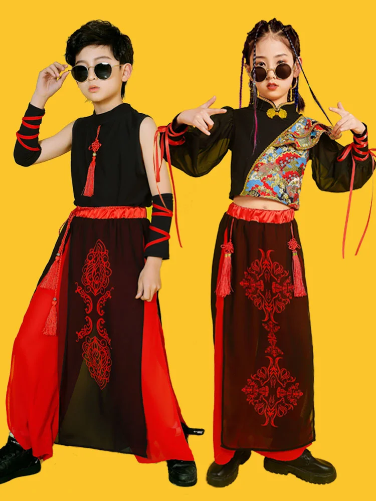 China-Chic chivalrous hip-hop performance clothes for women and men on stage, handsome children's performance clothes suit,