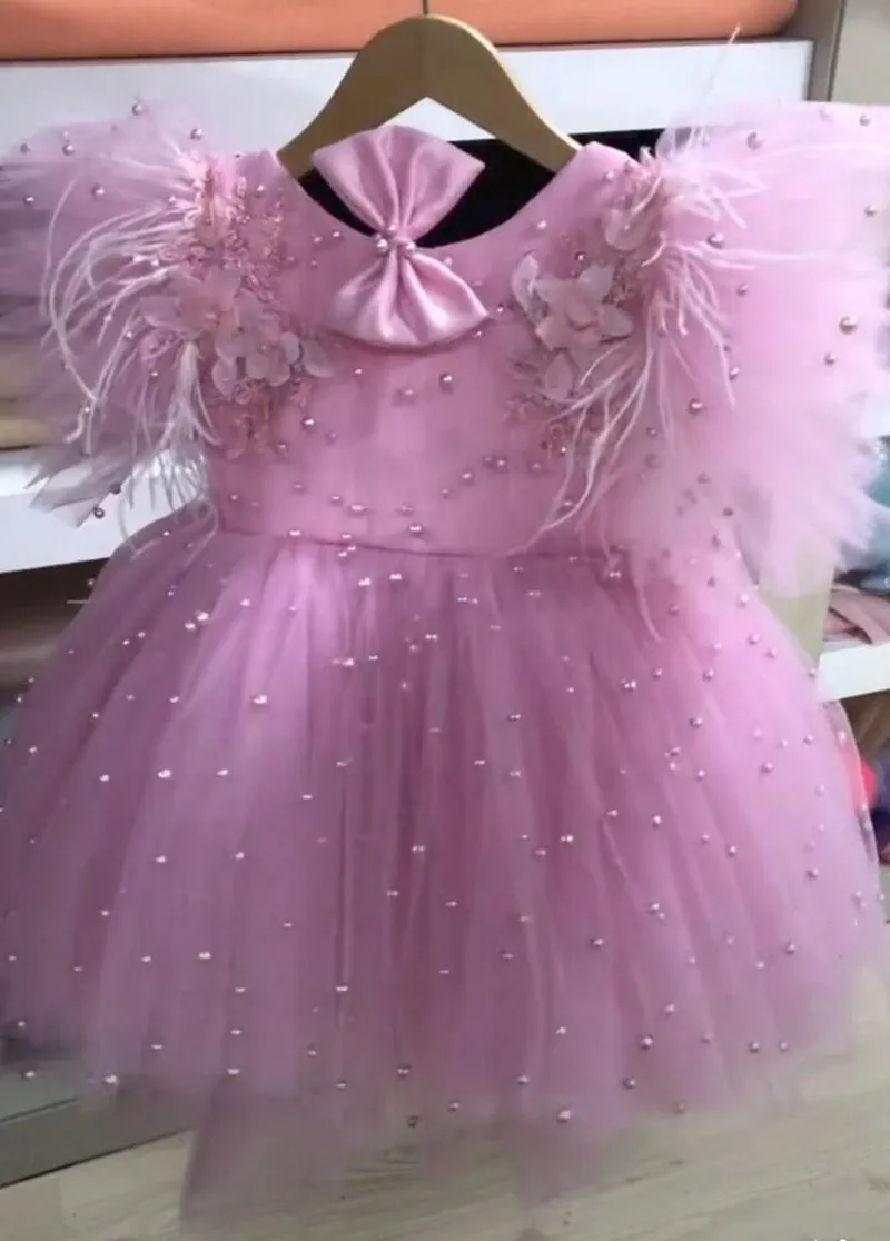 

Handmade Princess Birthday Dress Pink Pearl Girl Dress Tutu Flower Girl Dress Puff Sleeve First Communion Dress