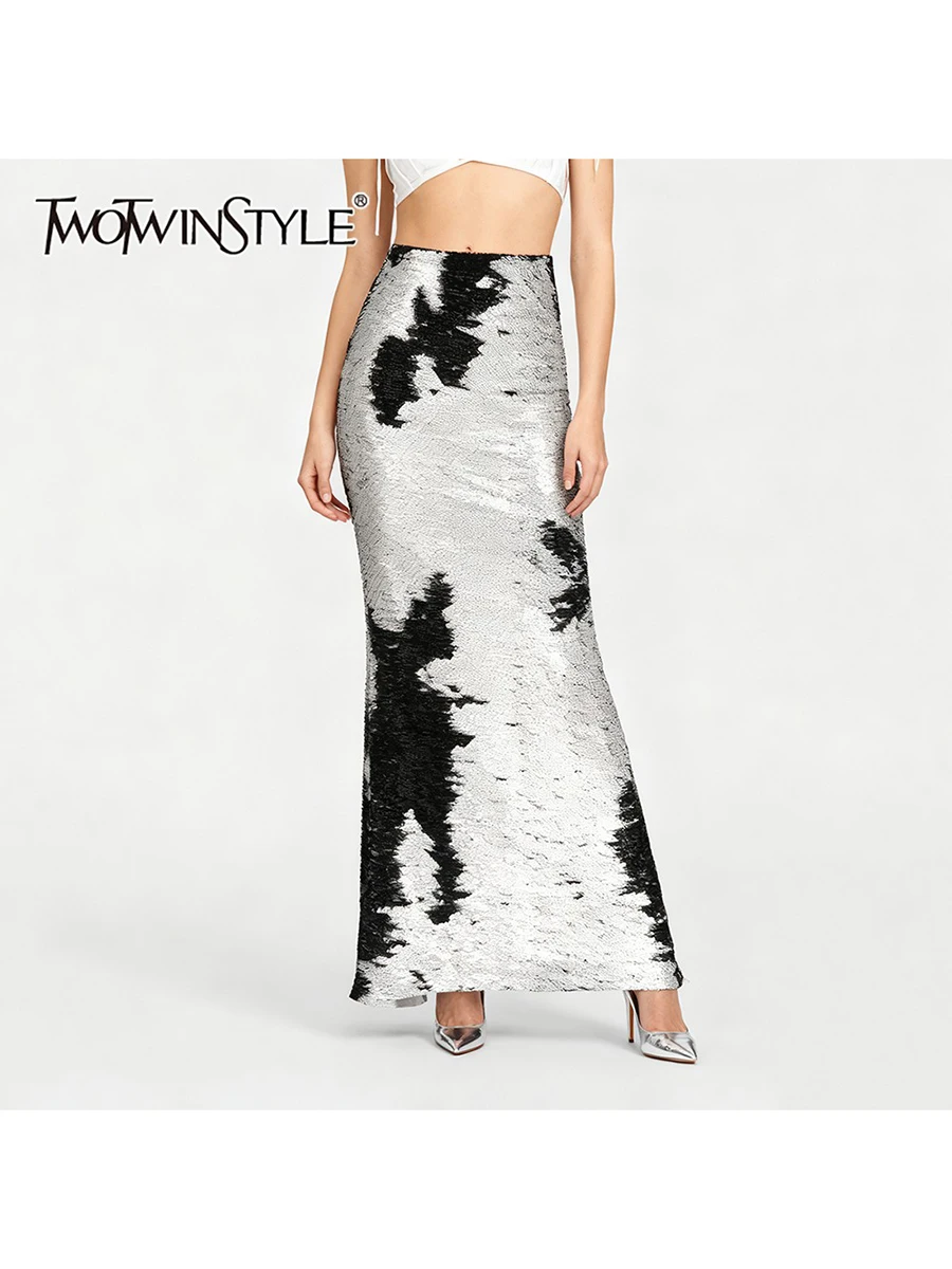 TWOTWINSTYLE, faldas de moda con lentejuelas empalmadas adelgazantes de Color intenso para mujer, Falda larga con temperamento de cintura alta, ropa femenina nueva