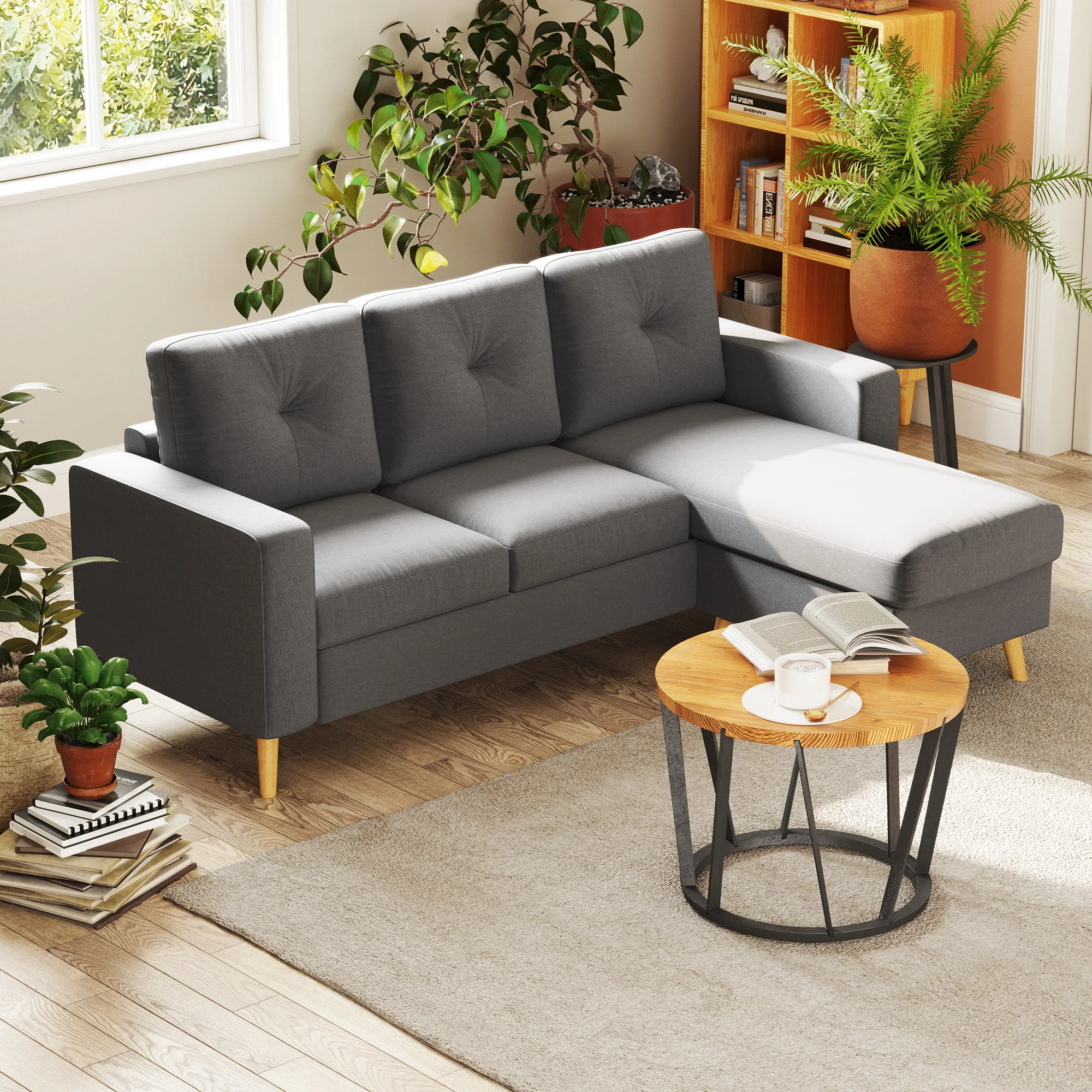 Canapé d'angle gris en forme de L, aspect lin, chaise longue, 3 places, 93×136×85cm