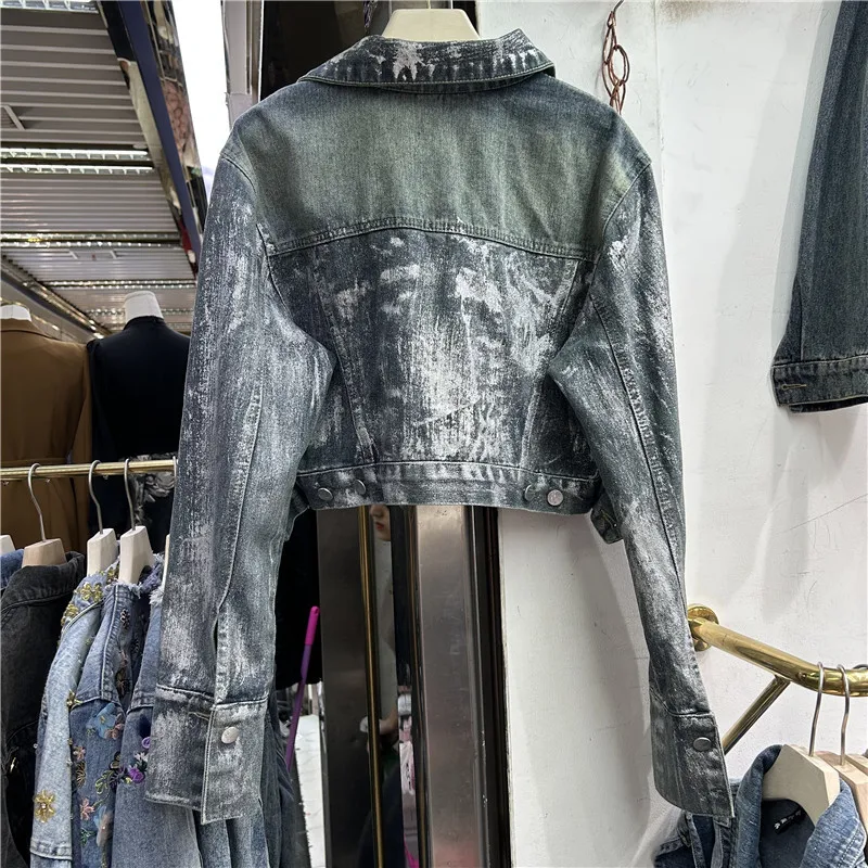 Hand Paint Graffiti Printing Short Denim Jacket Women Spring Autumn Korean Turndown Collar Long Sleeve Jeans Jacket Coat Female