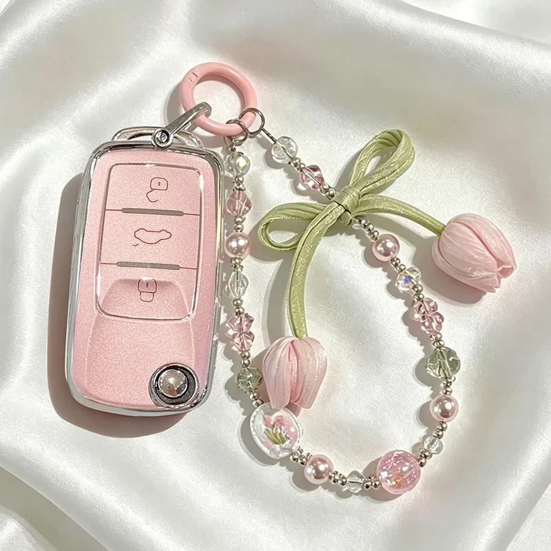 Pink Fresh Flowers for Volkswagen for VW Polo Beetle Caddy Eos Skoda Octavia Leon Remote Car Key Case Cover Holder Accessories