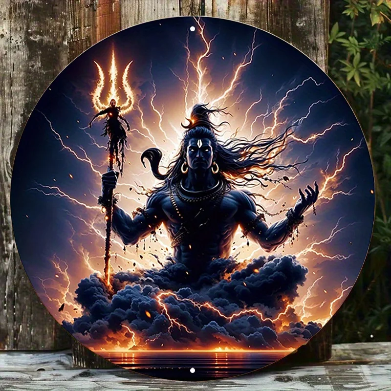 Panneau métallique Vintage, 1 pièce, affiche ronde en aluminium du Seigneur Shiva en majesté tempête, image spirituelle puissante, mur d'aspect rétro Vintage A