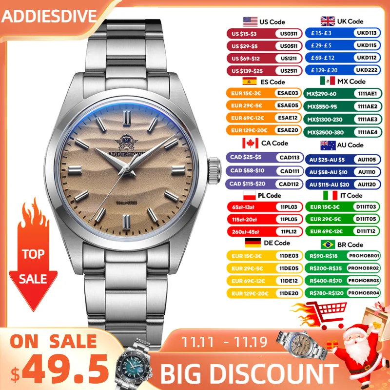 ADDIESDIVE Men's Watch Sand Dial 36mm Quartz Watch 100m Waterproof 316L Stainless Steel AR Coated Dome Glass WristWatch for Men