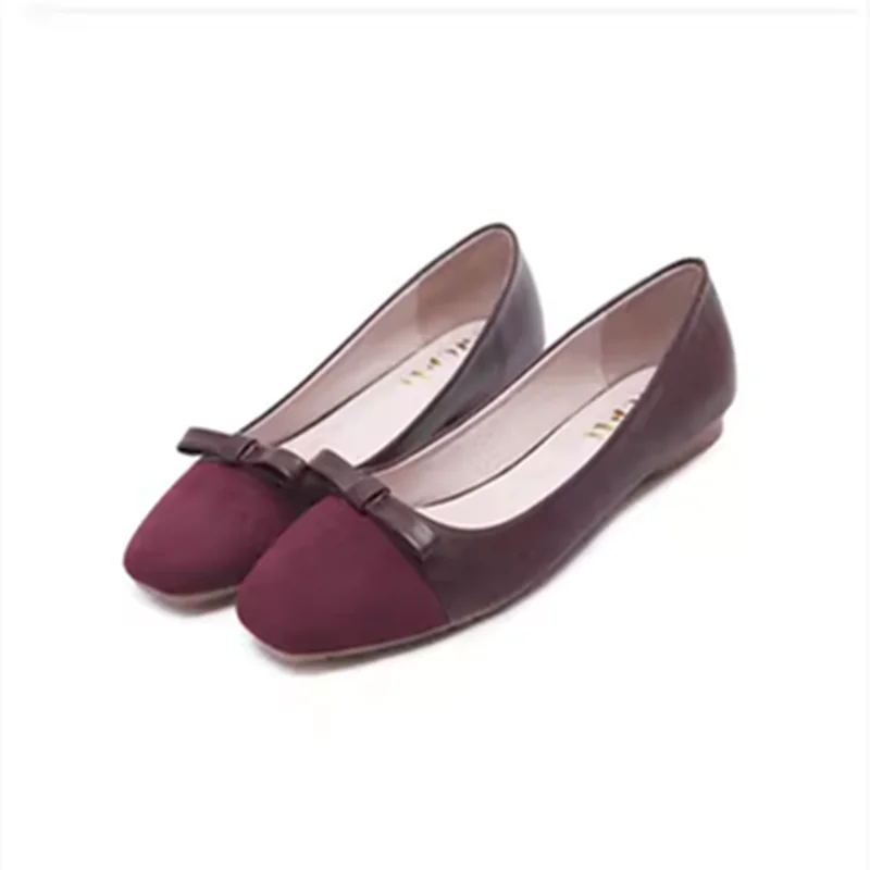 Ladies 2023 Moccasines Bow-Knot Square Toe Wide Fitting Shoes In Size 32-48 29cm Flock Ballet Flats Wine Beige Black Sponge Sole