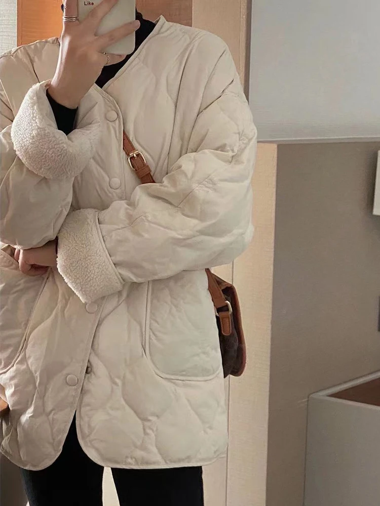 2023 Winter New Plaid Cotton Jacket Coat For Women's Quality Korean Fashion Loose Small Fragrant O-Neck Warm Solid color Mid Top