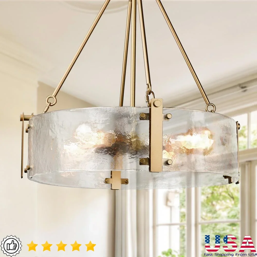 

Modern Textured Glass Chandelier Gold Drum Light Fixture Adjustable Height Elegant Design Dining Room Kitchen Living Space