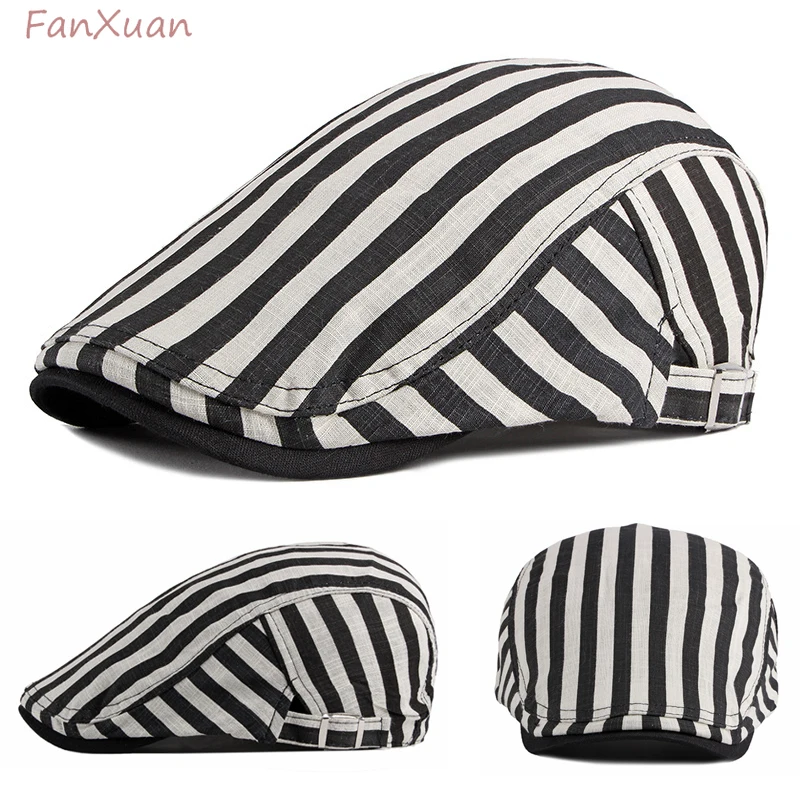 

men hats berets spring summer breathable classic striped hats unisex