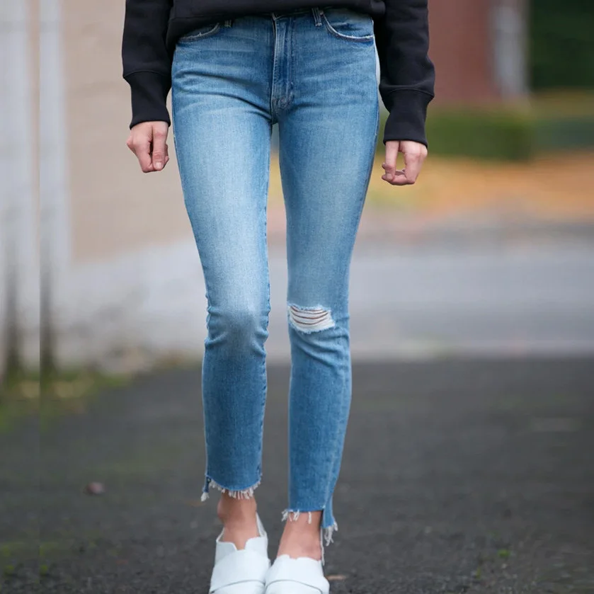 Loch hohe taille frauen jeans casual wilden dame ankle-länge jeans dünne Gerade demin hosen