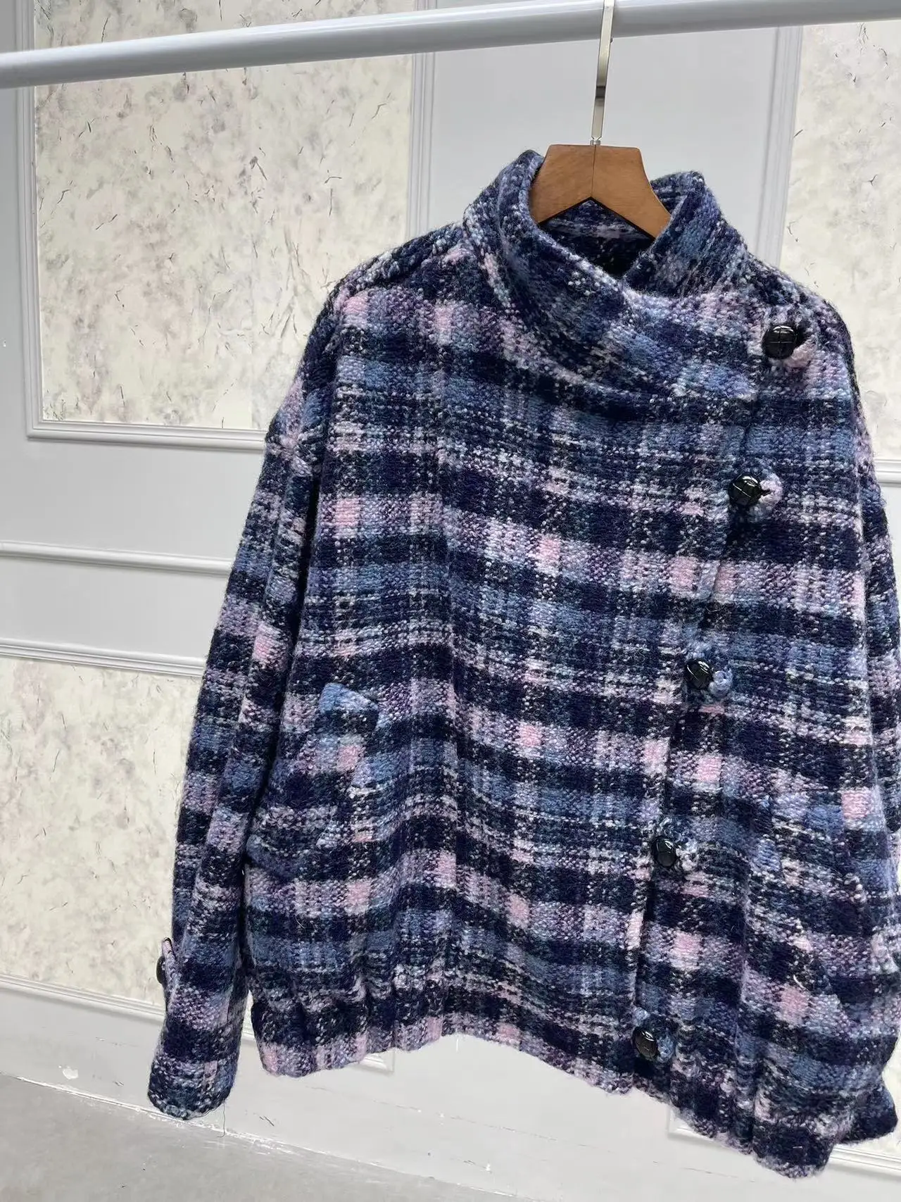 

Coat for Women 2024 New Autumn Winter Wool Blend Plaid Stand Collar Loose Casual Long Sleeve Woolen Jacket