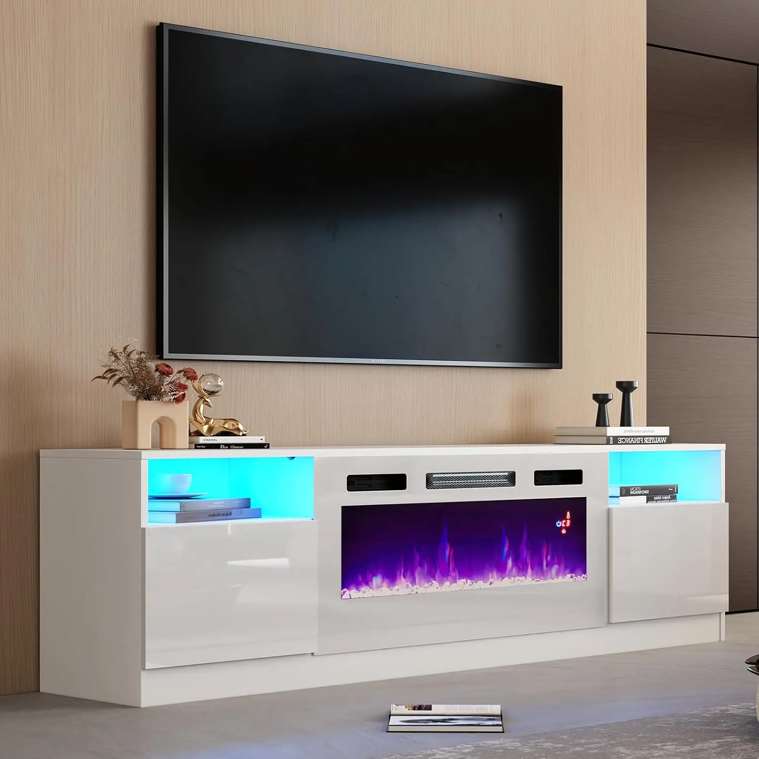 

AMERLIFE 80" TV Stand 40"Electric Fireplace Large Modern Matte Texture Media Entertainment Center with Highlight Storage Cabinet