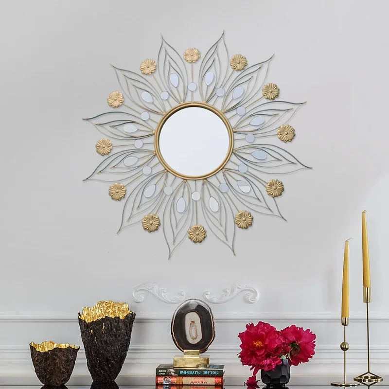 European Style Light Luxury Wrought Iron Circular Half Body Mirror Decoration Wall Mounted Mirror Sun Mounted Decoration Art