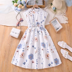 Kids Dress For  8-12 Years Girls White Crew Neck Sleeveless Floral Dress & Belt Elegant Beach Holiday Children's Clothing