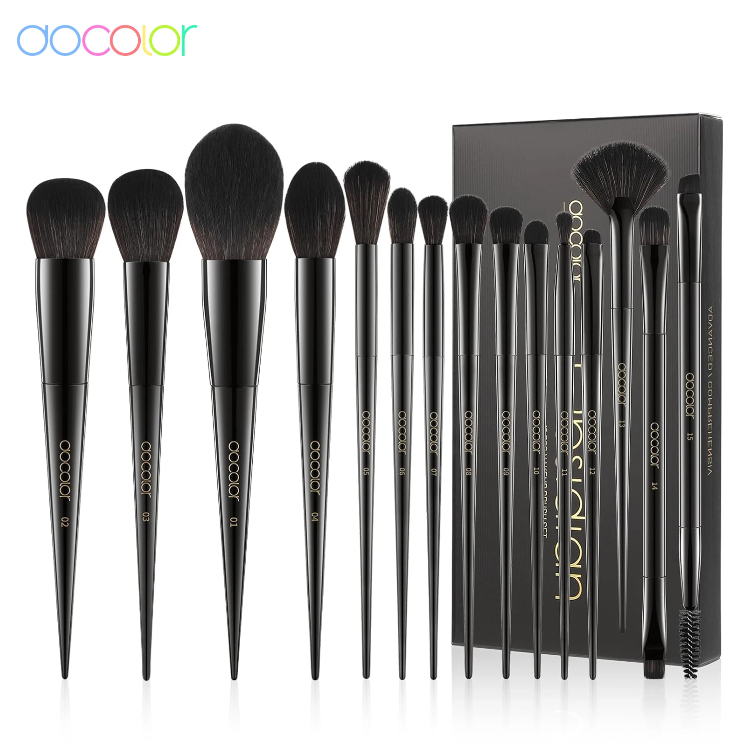 Docolor OBSIDIAN Makeup Brush Set 15Pcs Foundation Eyeshadow Synthetic Powder Contour Blush Concealer Blending Eyeliner Eyebrow