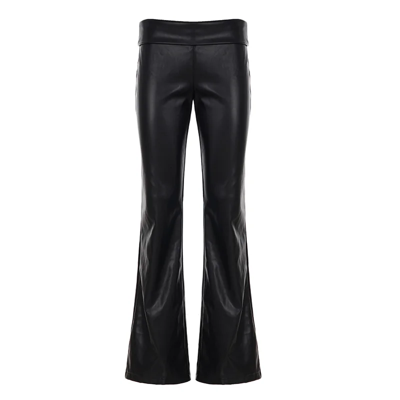 Basic Solid Pu Leather Flare Pants Casual Slim Folds Low-Waisted Wide Leg Pants Women 2025 Autumn Spring Streetwear Office Lady