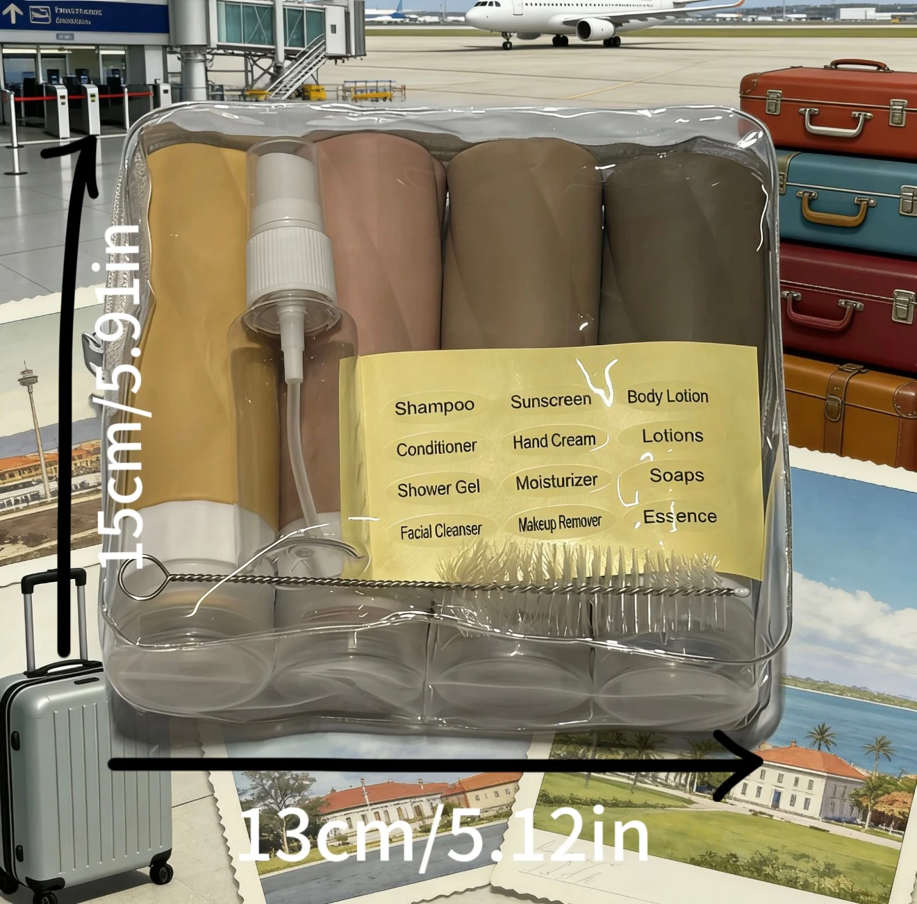 8-Piece Travel Toiletry Bottle Set, Includes a Cleaning Brush, a Beautiful Travel Sticker, a 30ml Spray Bottle, a Versatile Toiletry Bag, and Four 90ml Refillable Bottles, Travel Accessories That Can Be Refilled with Liquids, Suitable for Cruises and Travel Seasons, a Must-Have Gift for Holidays