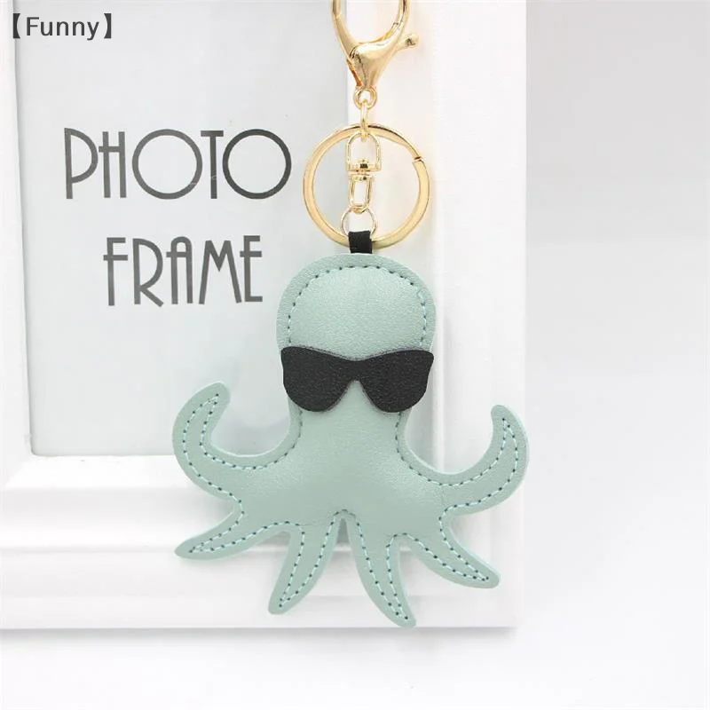 PU Leather Cute Funny Sunglasses Octopus Keychain Backpack Pendant Creative Car Keyring Fashion Bag Hanging Ornaments Women Gift