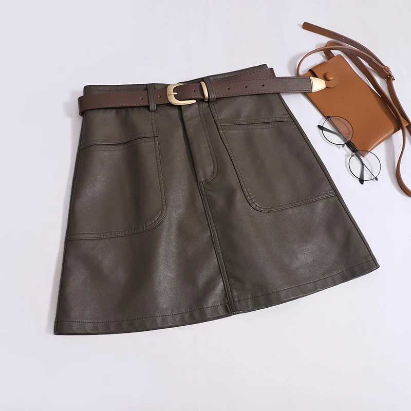 

High Waistband Women's 2000s Black A-line Mini Skirt Sexy Spicy Girl PU Leather Short Skirts With Belt Chic Female Streetwear