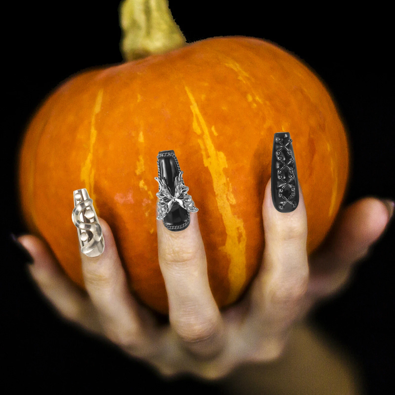 

10pcs Press On Nails Handmade Gothic Black Fake Nails Full Cover Coffin Studs Dark Manicure Plastic Longlasting Durable Easy