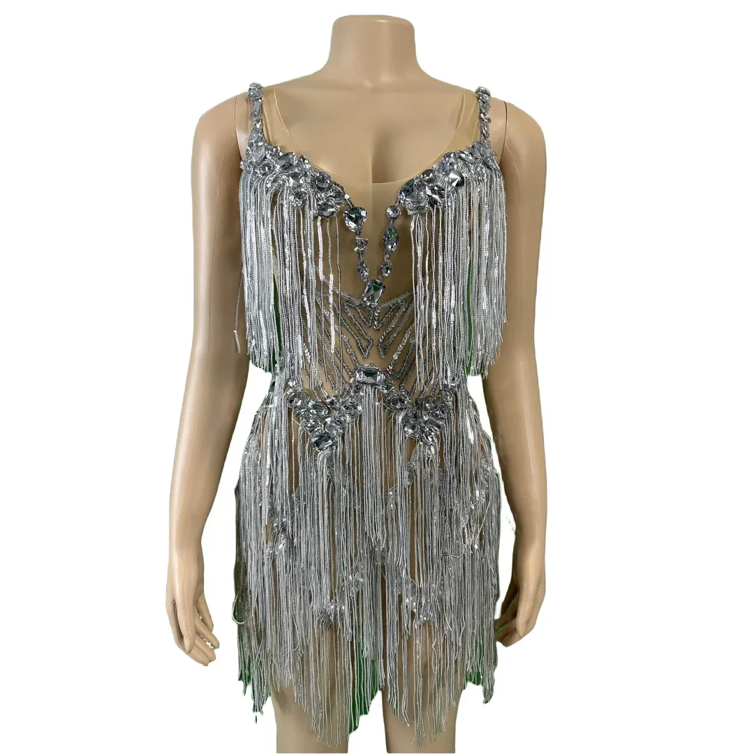

Silver Sparkly Rhinestone Fringe Dress For Women Sexy Dancer Show Celebrate Outfit Prom Birthday Party DJ Bar Nightclub Costumes