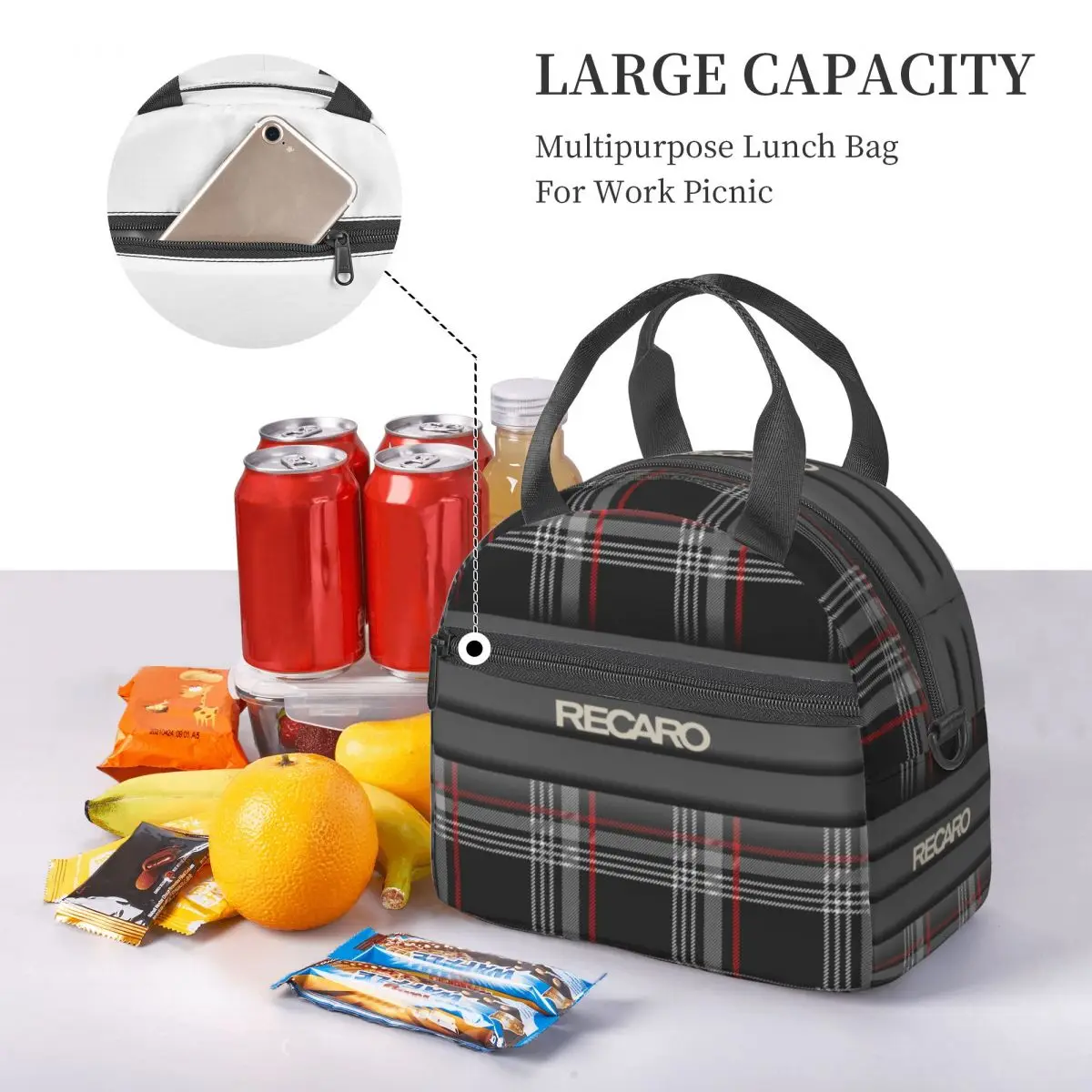 Recaros Logo Lunch Bag With Shoulder Strap Insulated Lunch Tote Bag For Office Food Storage Portable Thermal Cooler Bento Box