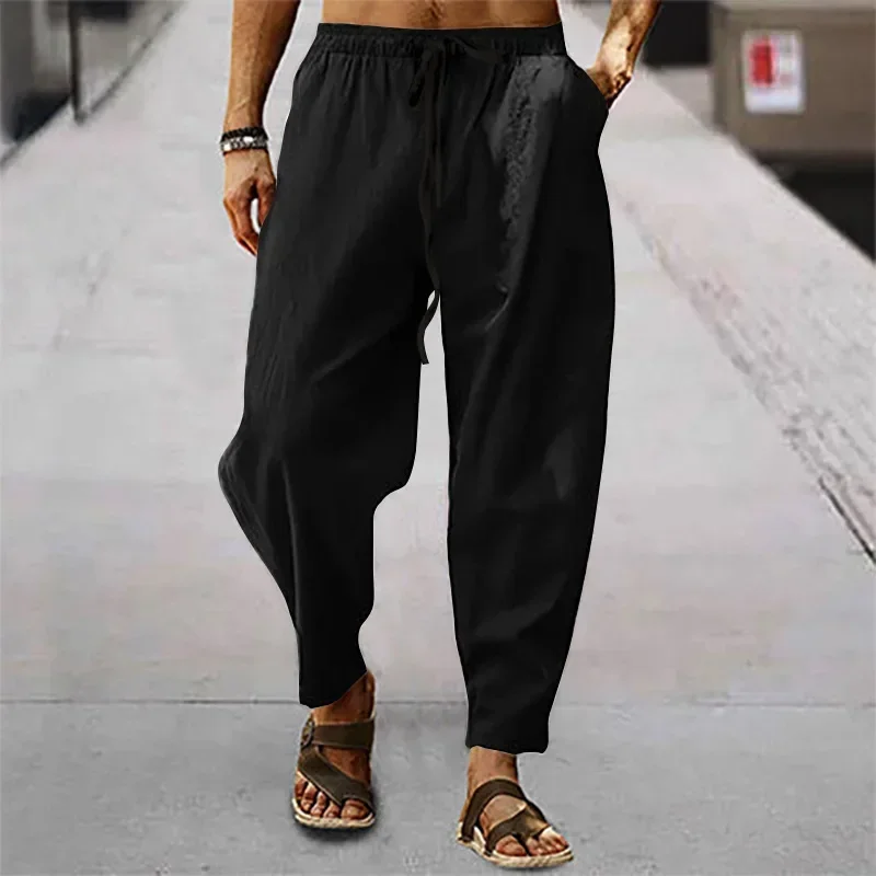 Men's Hip Hop Cotton Linen Pants Loose Straight Wide Leg Casual Drawstring Trousers For All Seasons