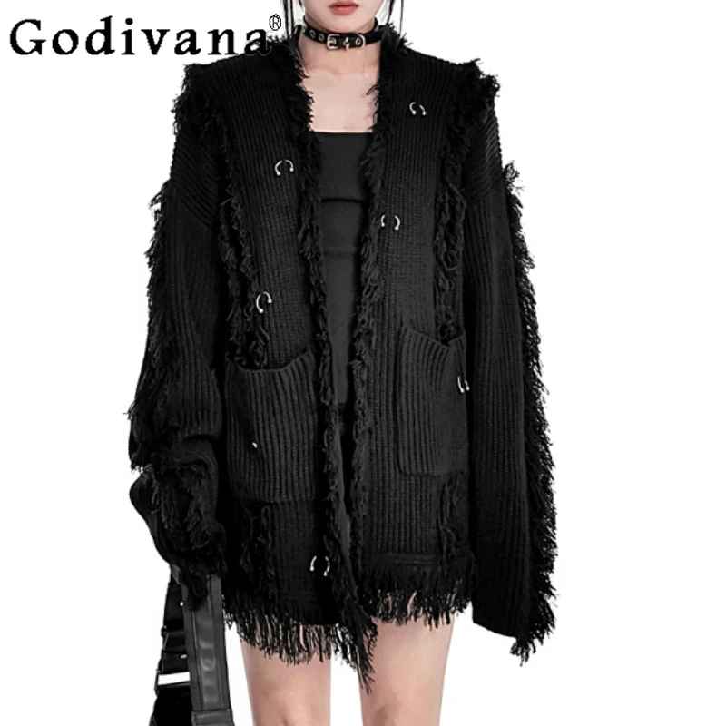 

Fashion Versatile Tassel Personality Dark Street Style Sweater Cardigan Spring Autumn New Long Sleeve Cool Retro Knitted Top