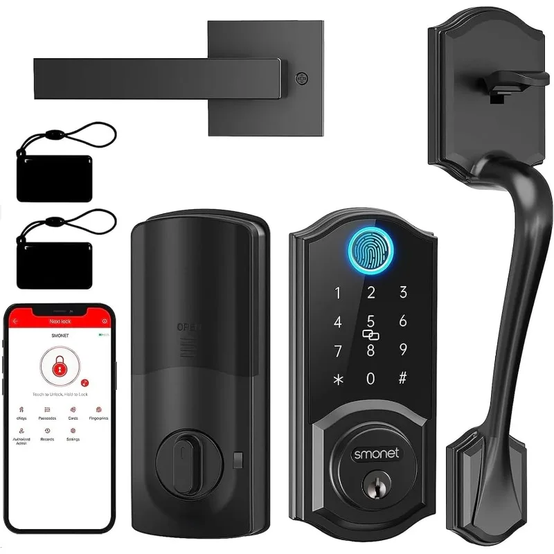 

Lock Front Door, SMONET Keyless Entry Door Lock with Handle, Smart Front Door Lock Set Fingerprint Smart Deadbolt Bluetoot