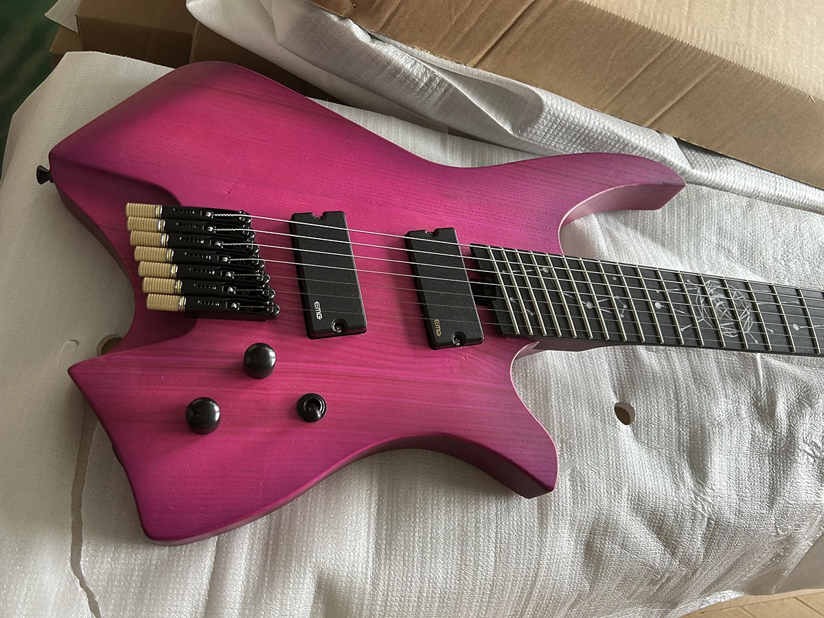 Factory Headless Purple 7 Strings Electric Guitar Ebony Fretboard Ash Body Maple Neck Customizable